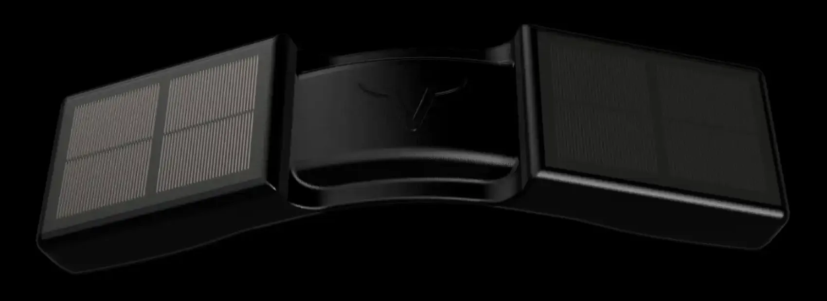 Render del collar Verdecer: dos paneles solares a los lados, unidos por una unidad central curva con la marca en relieve.